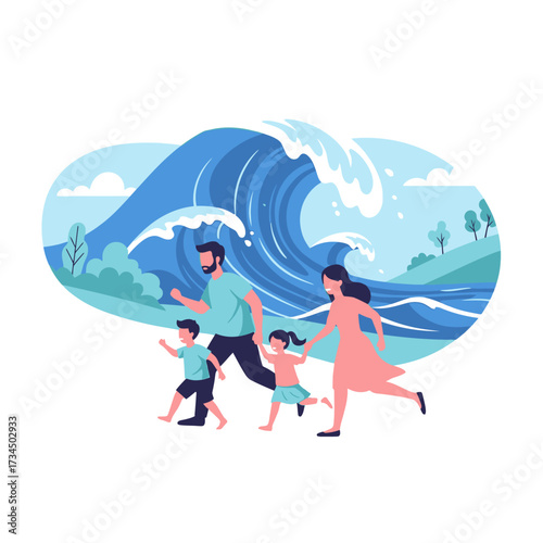 Family running from tsunami wave with trees and water background