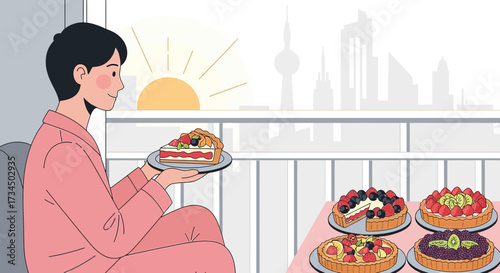 Enjoying a sweet morning with fruit tarts and city views from a high-rise balcony