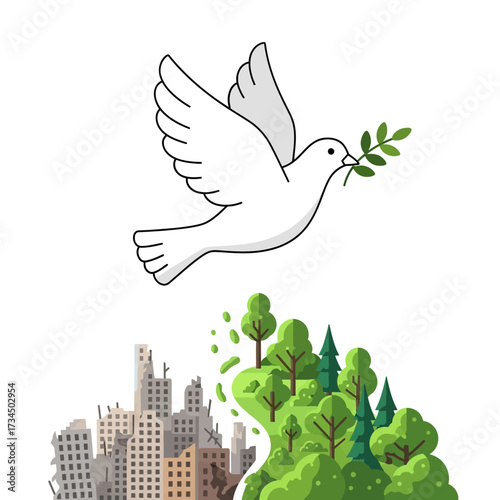 Peace Dove Soaring Above Ruins and Thriving Nature A Symbol of Hope