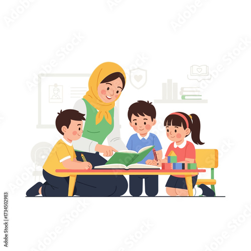 Interactive Learning Session, Teacher with Students, Classroom Setting, Illustration, Educational Environment, Engaging Viewpoint, Early Education Concept
