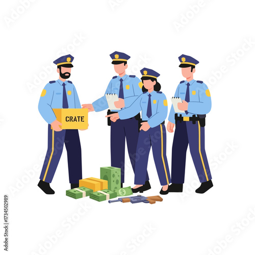 Law enforcement officers inspecting seized money, crate, and weapons during investigation