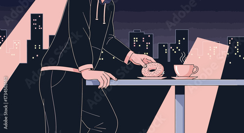 Evening contemplation: Person with donut and coffee overlooking the cityscape view