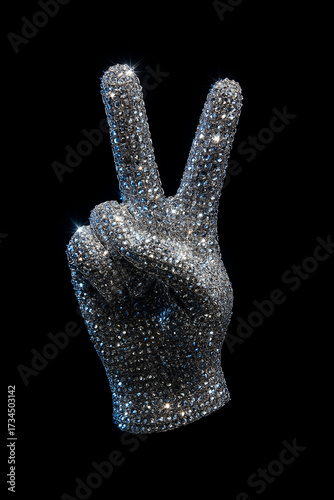 Sparkling Rhinestone Glove Making Victory Hand Sign on Black Background. Generative AI.