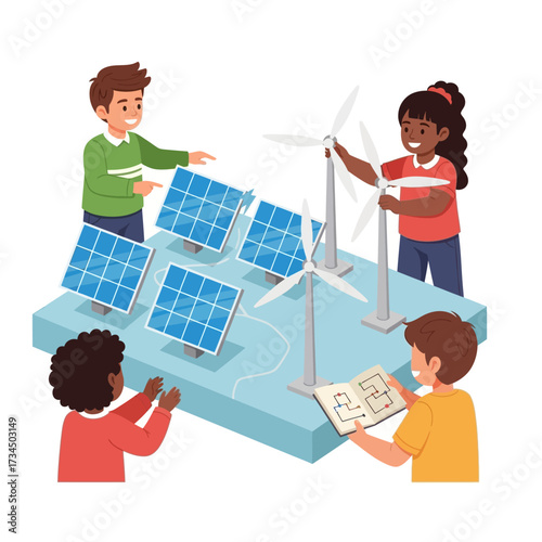 Renewable Energy Project, Kids Learning, Classroom, Illustration, Educational Environment, Interactive View, Science Concept