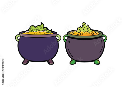Spooky Halloween witch cauldron with boiling green potion, scary cartoon illustration, creepy magic drink clipart, haunted night decoration design for sticker, poster, party invitation and print