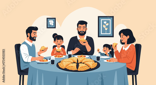 Family enjoying empanadas together around the table in a cheerful flat vector illustration