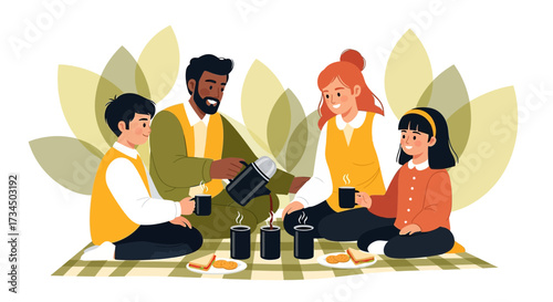 Family enjoying picnic tea time outdoors with a calming background of leaves illustration