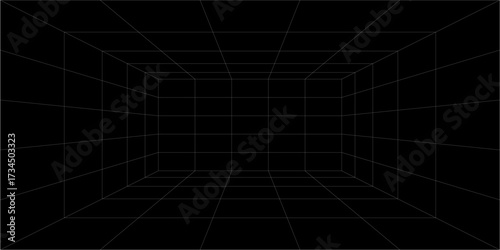 PrintFuturistic digital hallway space blank gray-black color background with white grid space line color surfaces. Cyber, technology, banners, covers, terrain, sci-fi, frames, and related background.