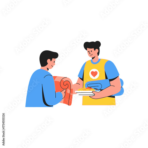 A charitable volunteer giving humanitarian aid, food, and a warm blanket to a person in need. Social support illustration