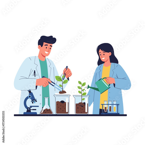 Young scientists conducting plant growth experiments in a laboratory setting