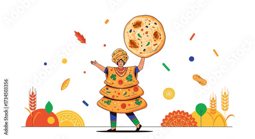 Festive illustration featuring a woman in traditional Indian attire holding a roti celebrates