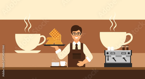 Friendly barista serving fresh waffles and coffee in a cozy café setting illustration