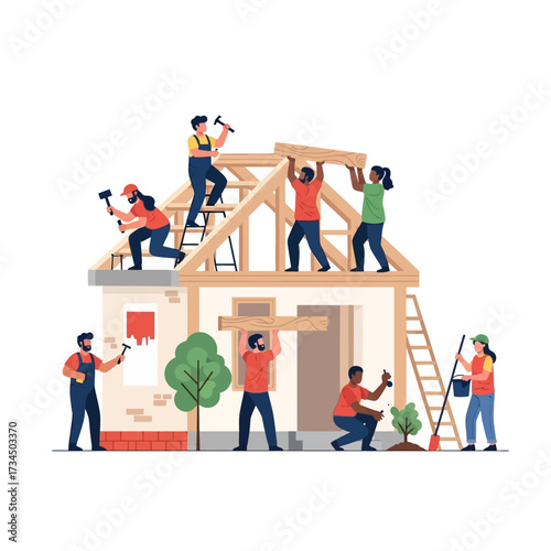Construction Team Builds New House Together with Collaborative Spirit