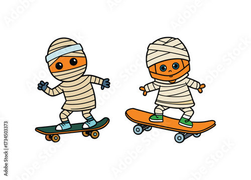 Adorable cartoon mummy characters riding skateboard, funny Halloween costume kids illustration, spooky monster celebration clipart, horror night design for sticker, poster, and party decoration