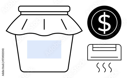 Glass jar with fabric lid for saving, dollar coin as finance symbol, air conditioning with steam lines as climate concept. Ideal for sustainability, expense tracking, budget planning, saving, energy