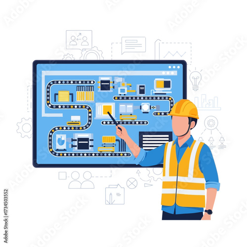 Engineer Explaining Manufacturing Process on Digital Display for Industry Improvement