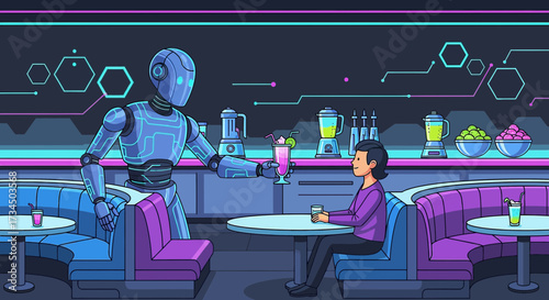 Futuristic bar scene featuring a robot bartender serving a customer a cocktail drink