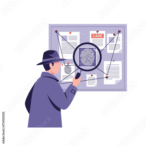 Detective Investigating a Case with Magnifying Glass and Evidence Board