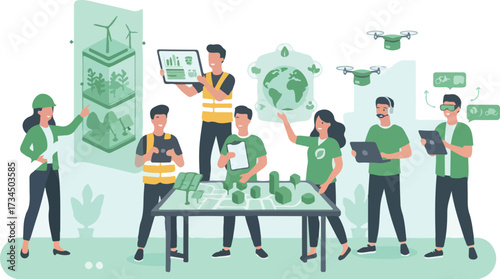 Green Future City Planners Vector Illustration – Architect, Engineer, Urban Planner, Activist, Drone Operator, Citizen with AR – Sustainable Smart City Design