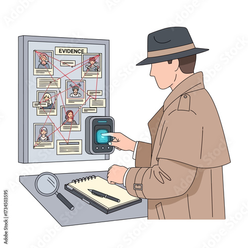 Detective examining evidence board at a crime scene, using a fingerprint scanner