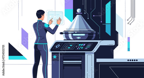 Futuristic research lab with scientist operating advanced equipment and technology interfaces