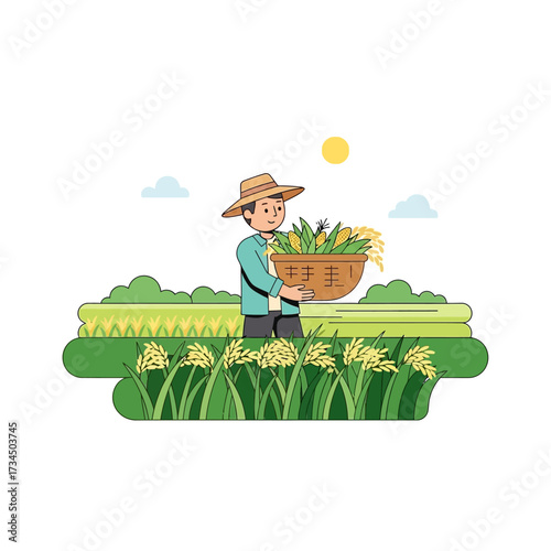 Illustration of a happy farmer holding a basket of freshly harvested crops in a sunny rice field