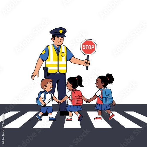 A police officer with a stop sign is helping diverse school children safely cross the street at a crosswalk illustration