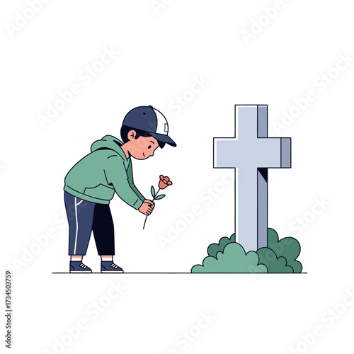 A Child's Grief Paying Respects at a Cemetery - Loss, Remembrance, and Sympathy