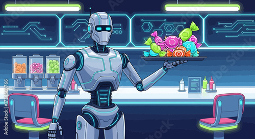 Futuristic robot waiter serving colorful candies in a retro diner setting with circuit board details