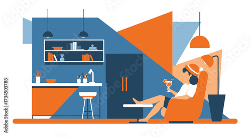Geometric interior design featuring a relaxed figure enjoying a cocktail in a modern space