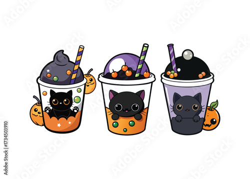 Cute Halloween bubble tea vector illustration with black cats inside spooky boba cups, kawaii style holiday drink perfect for party decoration, sticker, poster, greeting card and October celebration d