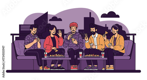 Group of friends enjoying food and drinks on rooftop party with cityscape background