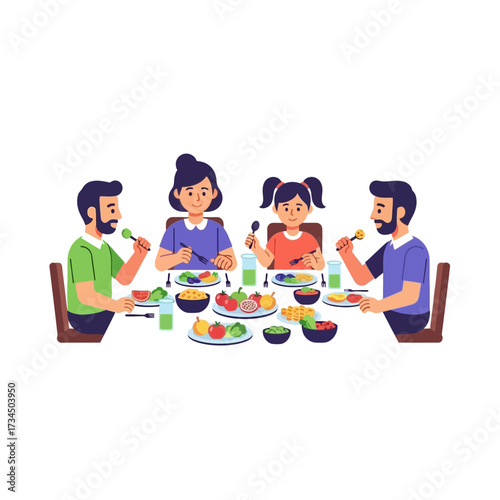 Family enjoying a healthy meal together at a table filled with fresh, colorful food