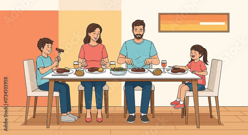 Happy family enjoying a steak dinner together at the dining table in their home creating memories