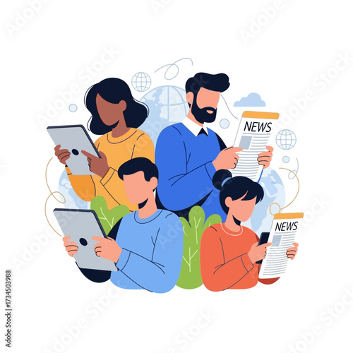 Diverse Group Engaged with Media Tablets, Smartphones, and Newspapers in a Digital World