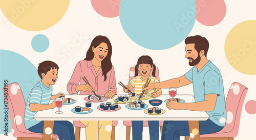 Happy family enjoying a sushi meal together at home with colorful background circles