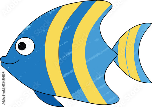 A cute, colorful tropical fish illustration swims in the blue ocean water