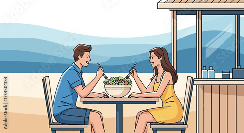 Healthy beachfront dining: A young couple enjoys a fresh salad at a seaside cafe with ocean view