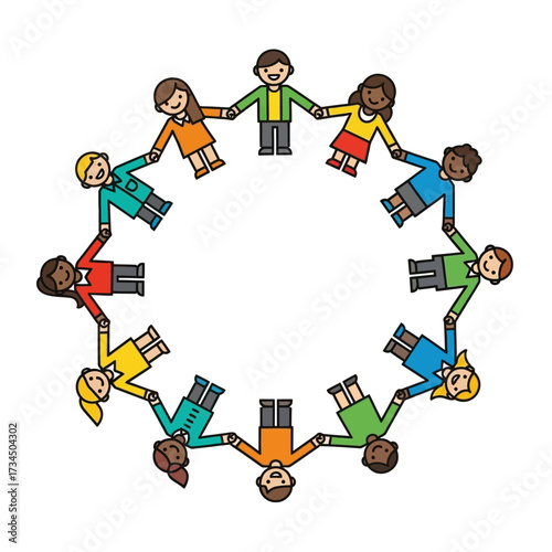 Diverse group of children holding hands in a circle, representing unity and friendship