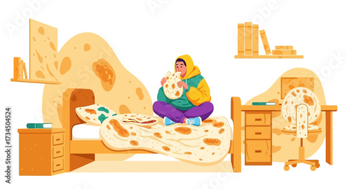 Humorous illustration of a person eating a giant tortilla in a tortilla themed room