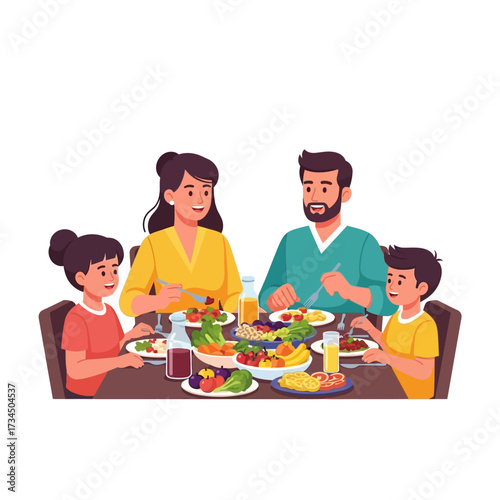 Smiling family shares a delightful and nutritious dinner, fostering togetherness and healthy lifestyle through mindful eating