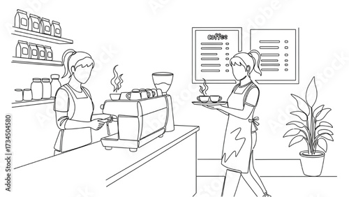 Continuous Line Drawing of Two Girls Working in Coffee Shop – Minimalist Line Art Illustration