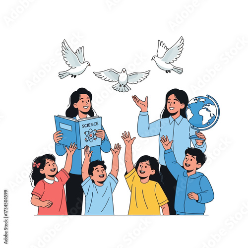 Celebrating Education and Peace Children Learning with Teachers and Doves of Hope