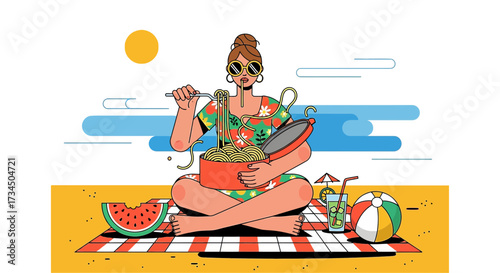 Illustrated woman enjoying spaghetti at a beach picnic with refreshing drink and watermelon near
