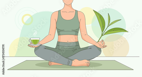 Illustration depicting a woman practicing yoga and enjoying a cup of green tea for wellness