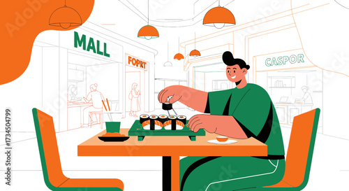 Illustration depicting a man enjoying sushi at a restaurant within a bustling shopping mall