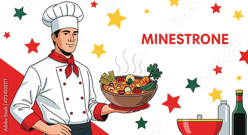 Illustration of a chef presenting a bowl of minestrone soup in a colorful festive setting
