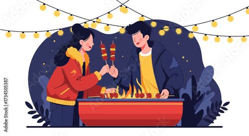 Illustration of a couple enjoying outdoor grilling under festive lights at night celebration