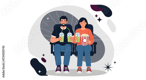 Illustration of a happy couple enjoying movie night with drinks and popcorn in cinema