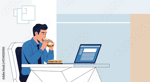 Illustration of a man eating sandwich while working on laptop during lunchtime break